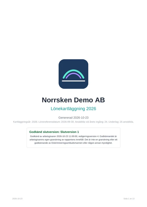 Försättsblad i demorapporten: Norrsken Demo AB, Lönekartläggning 2026, godkänd slutversion.